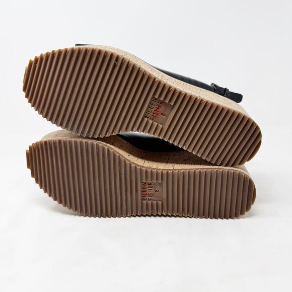 [Eileen Fisher] Black Leather Open Toe Ankle Strap Wedge Flatform Sandals Size 8 - Picture 11 of 11